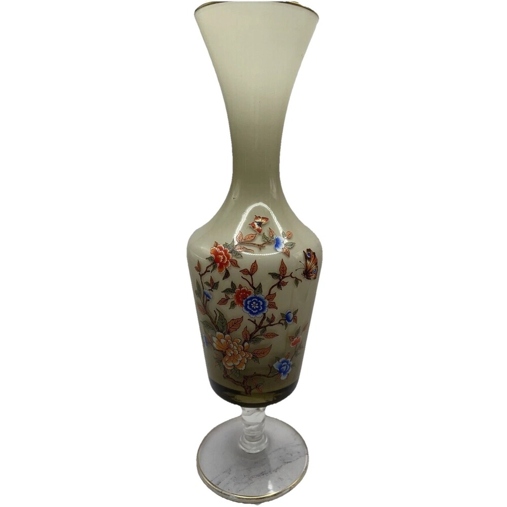 Vtg. Smoky/Green Satin Ware Floral & Butterfly Vase Pedestal Twisted Base 10 in.